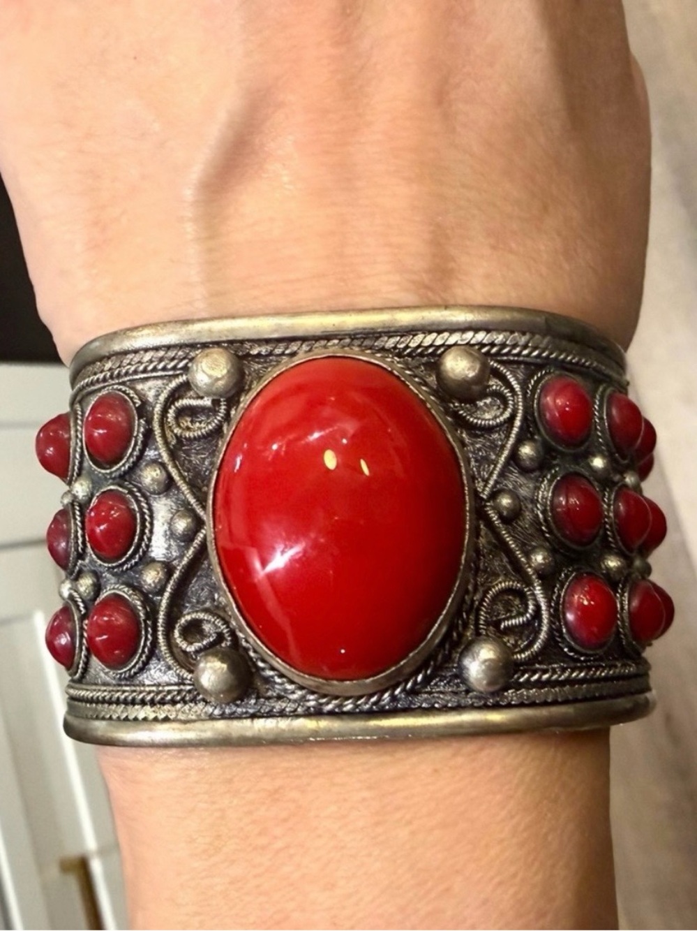 Vintage Ornate Alpaca Statement Cuff Bracelet Red Cabochon Stones